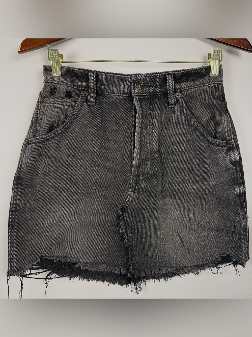 We The Free Denim Miniskirt 26 Faded Black Gray Button Fly Frayed Distressed